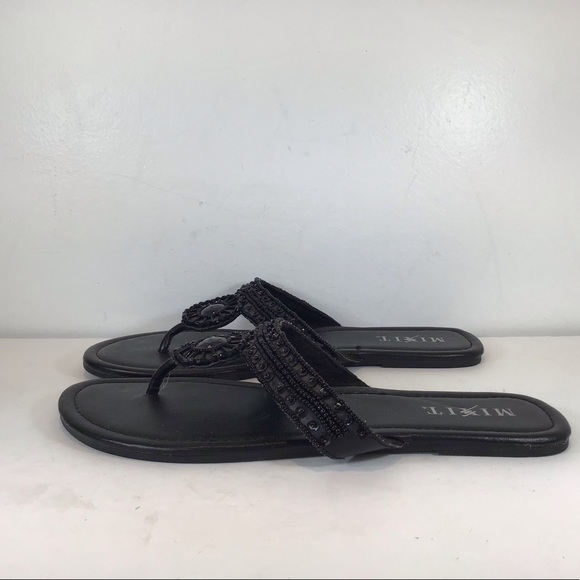 MEXIT BLACK BEADED EMBELLISHED T STRAP SANDALS SZ 9 - Picture 5 of 10